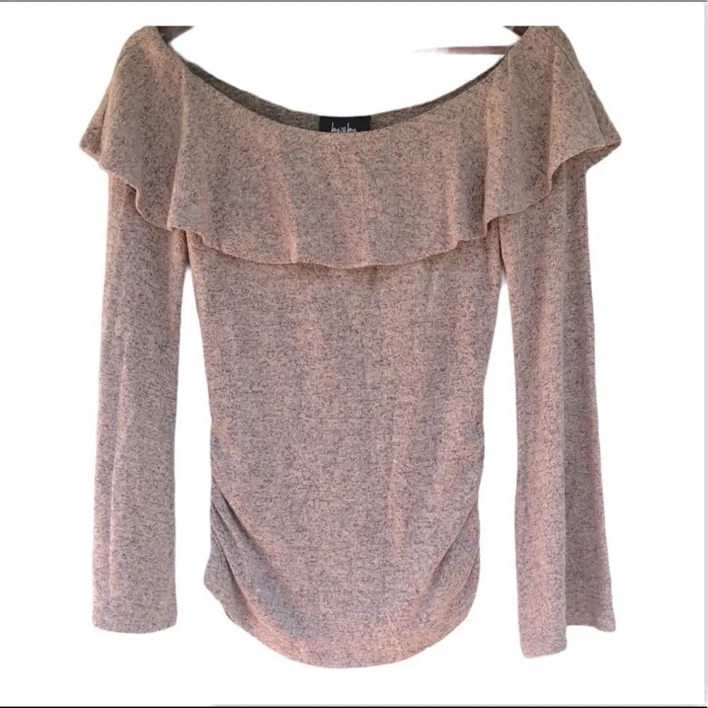 Blush pink off the shoulder ruffled top thin knit long sleeve sweater blouse -XS
